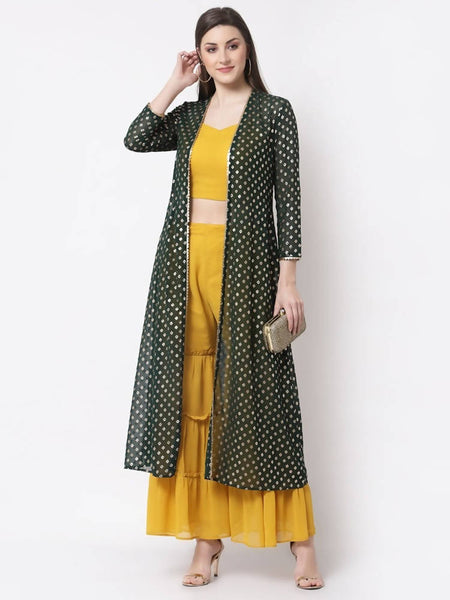 Myshka multi color Color Georgette Solid Top With Pant And Shrug Set