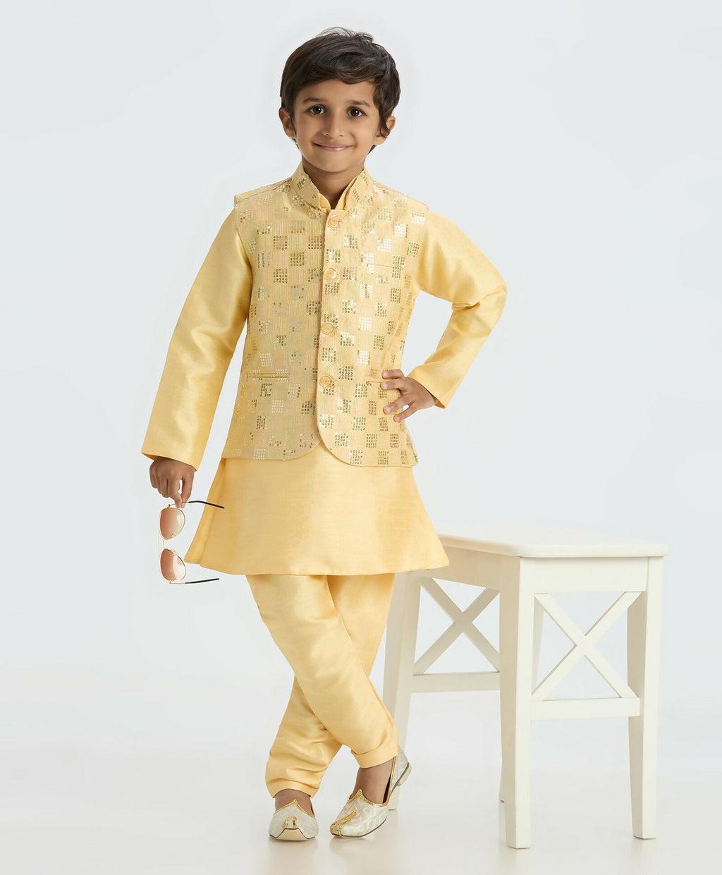 Joban Fashion Kids Island Elegant Box Sequence work Nehru Jacket Full Sleeves Kurta, Pyjama Set - Golden - Distacart