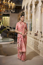 Vastranavya Orange Spectacular Georgette Printed with Pearl Lace Saree with Unstitched Blouse - Distacart