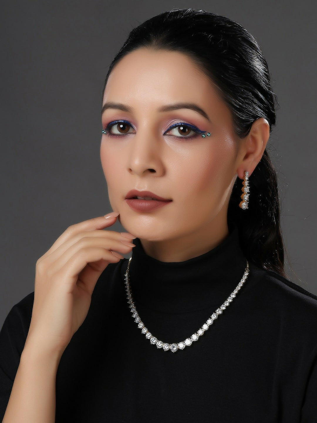 Diamond Neckpiece with Dangler Diamond Earrings- Ruby Raang