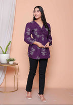 Miravan Womens Cotton Butterfly Style Floral Print V-Neck Top