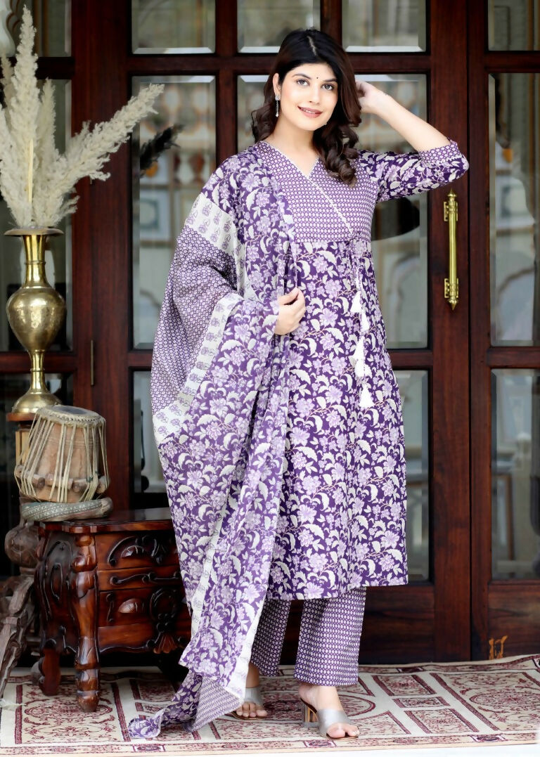 Miravan Women's Floral Block Printed Purple Angrakha Kurta And Palazzo With Dupatta Set