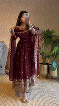 Teeya Creation Maroon Fendi Silk Designer Heavy Work Wedding Wear Long Gown