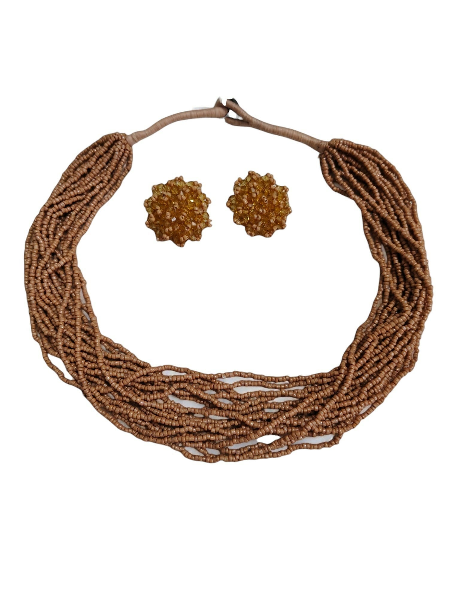 Inhanns Vibrant Handmade 20 Layers Beaded Necklace With Matching Earrings - Sandalwood