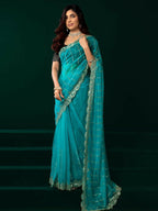 Joban Fashion Turquoise Blue Net Party Wear Sarees - Distacart