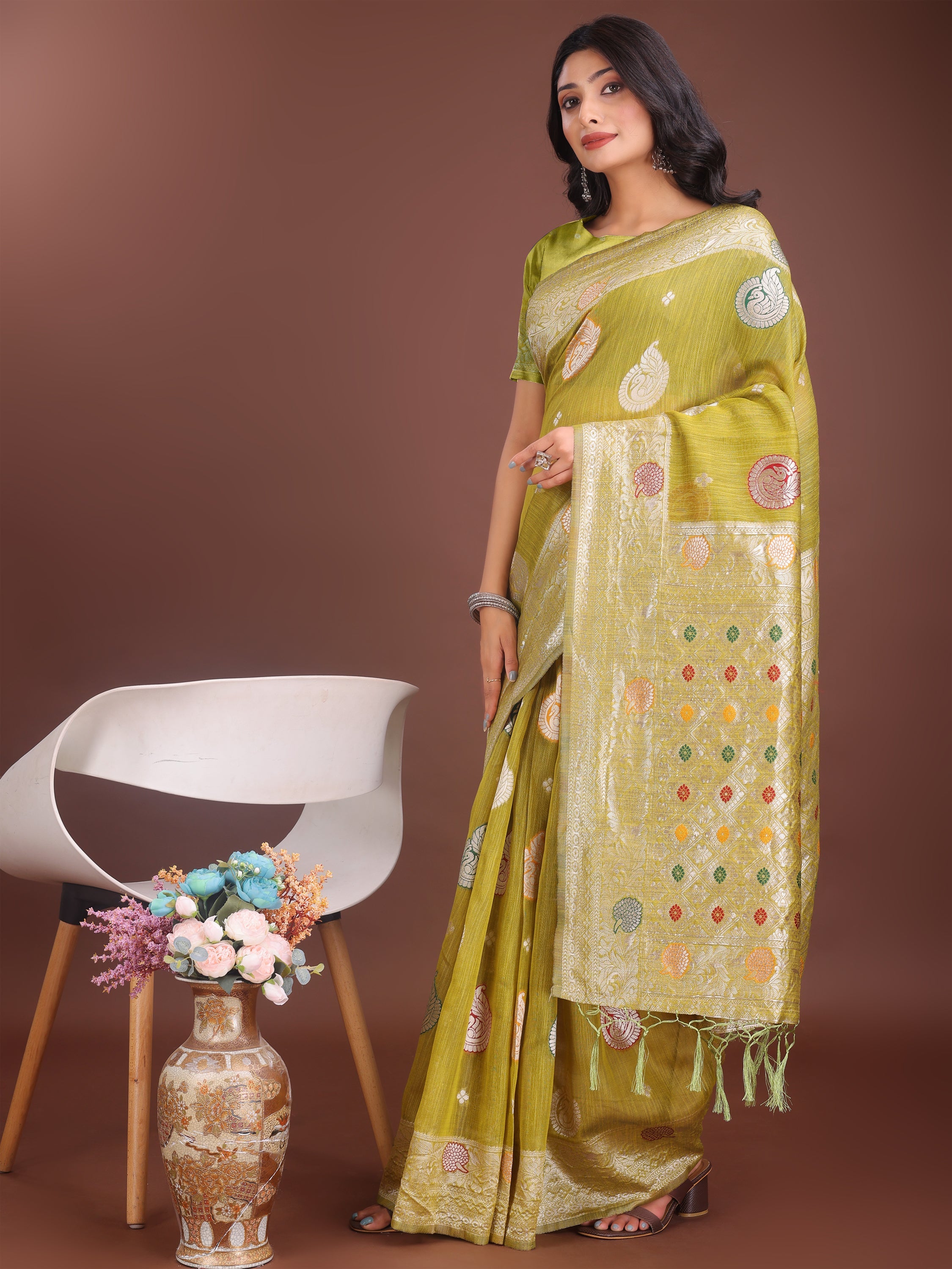 Anaita Mustard Linen Cotton With Jacquard Work And Zari Weaving Saree With Blouse - Distacart