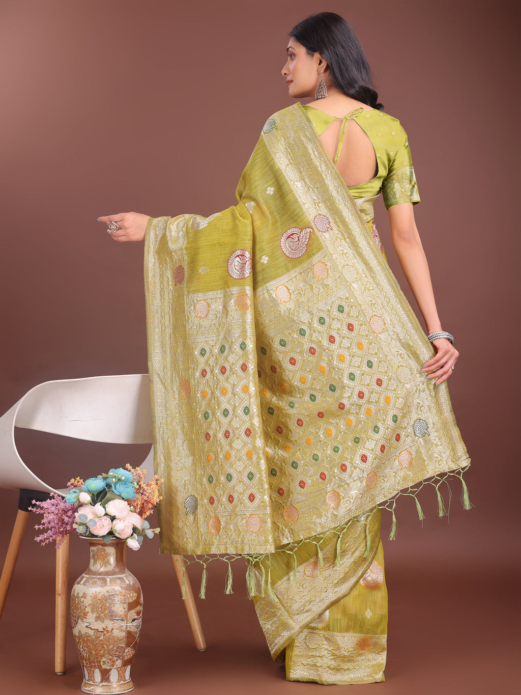 Anaita Mustard Linen Cotton With Jacquard Work And Zari Weaving Saree With Blouse - Distacart