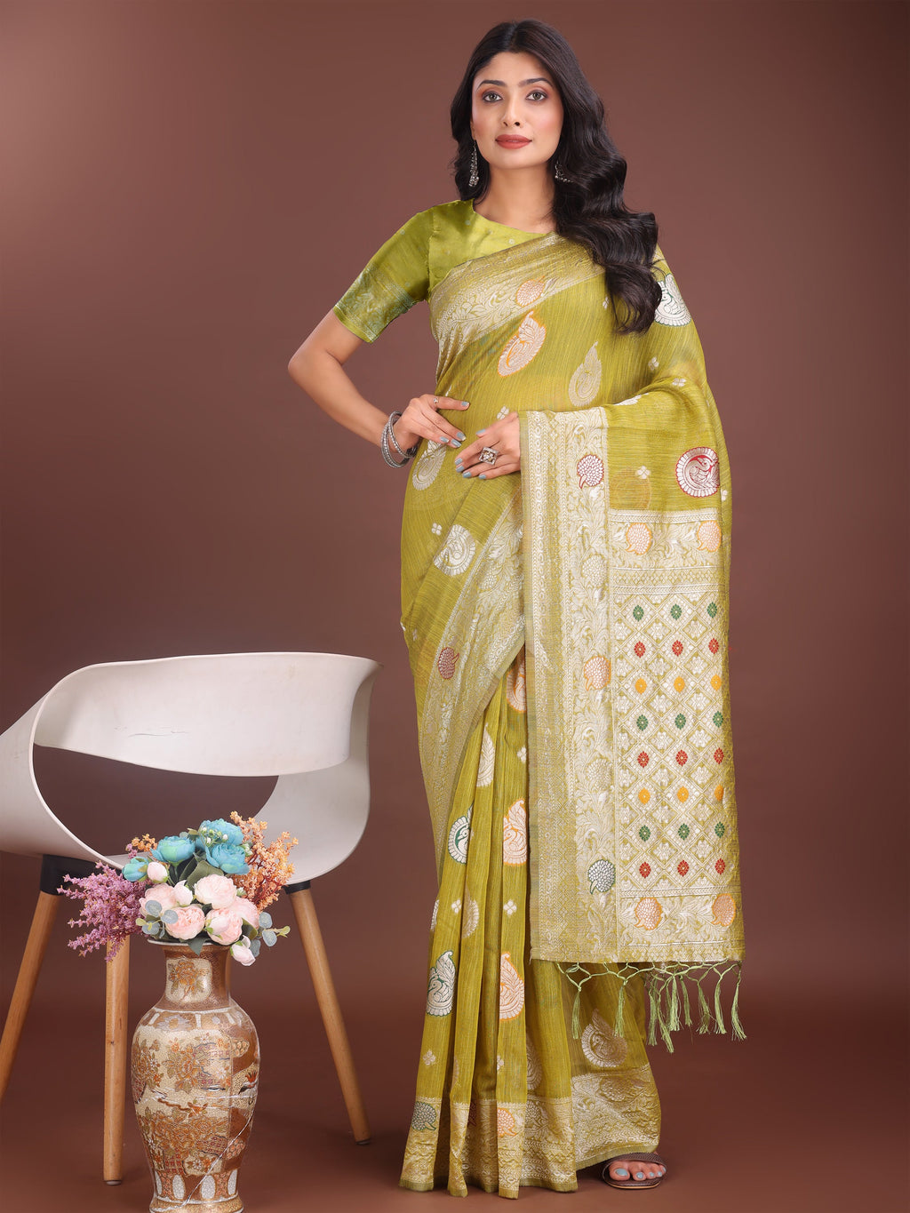 Anaita Mustard Linen Cotton With Jacquard Work And Zari Weaving Saree With Blouse - Distacart