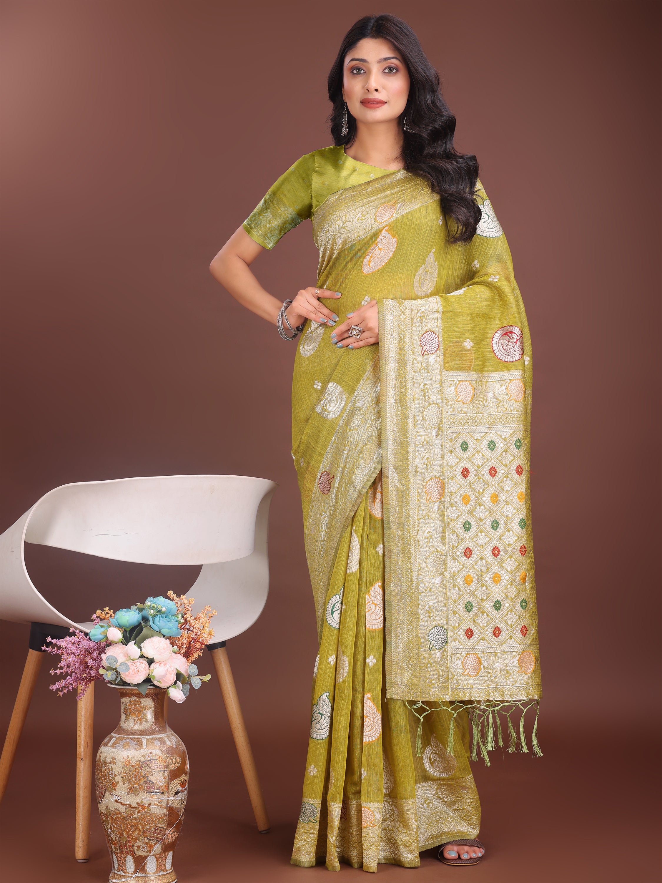 Anaita Mustard Linen Cotton With Jacquard Work And Zari Weaving Saree With Blouse - Distacart