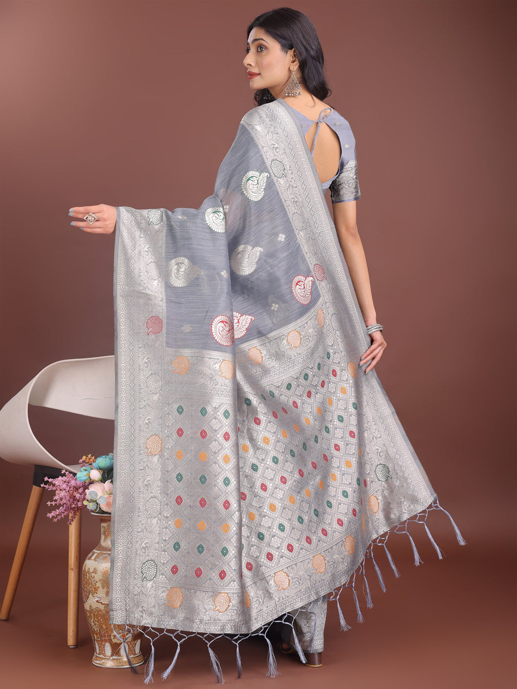 Anaita Grey Linen Cotton With Jacquard Work And Zari Weaving Saree With Blouse - Distacart