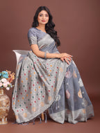 Anaita Grey Linen Cotton With Jacquard Work And Zari Weaving Saree With Blouse - Distacart