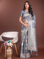 Anaita Grey Linen Cotton With Jacquard Work And Zari Weaving Saree With Blouse - Distacart