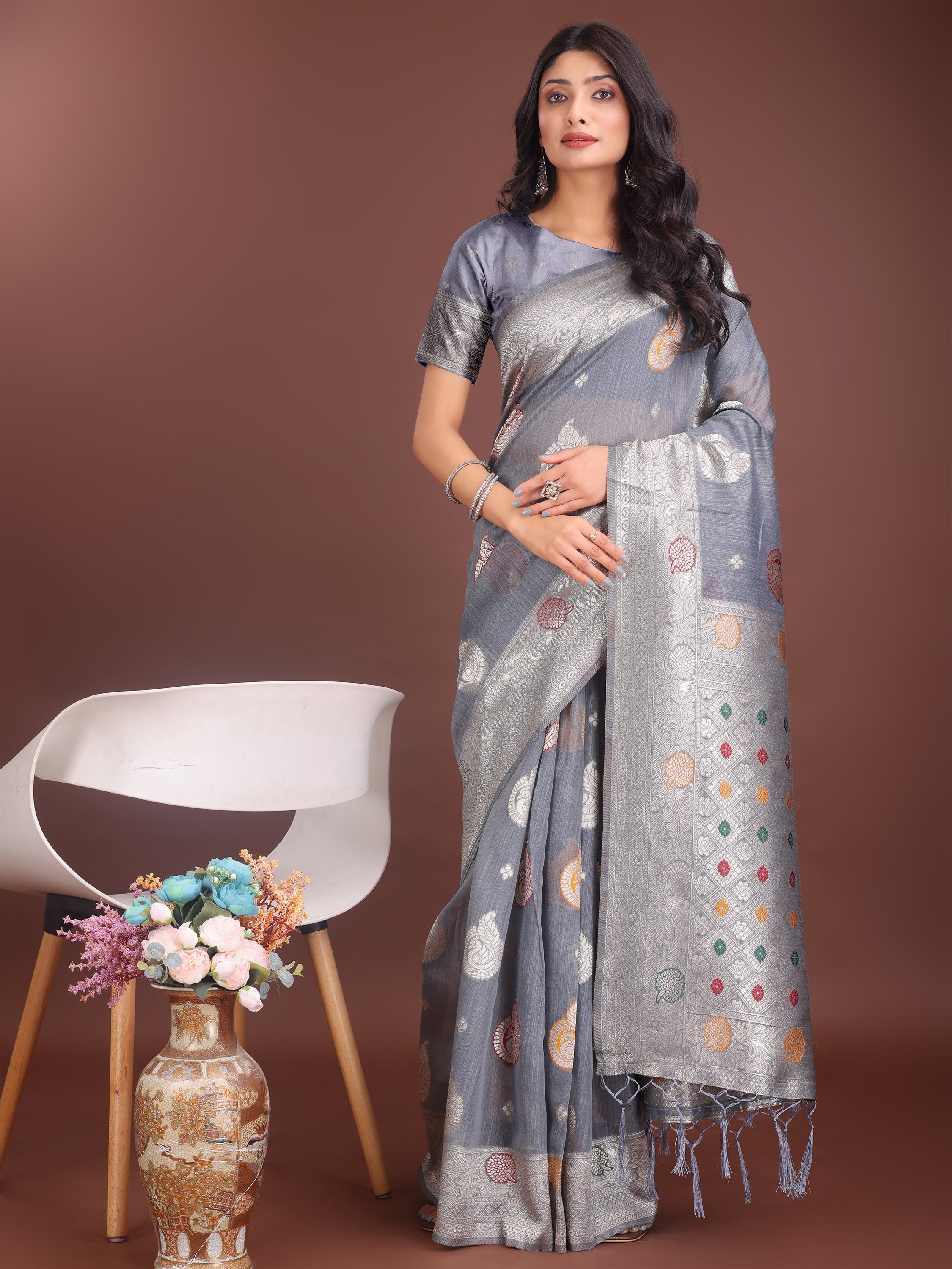 Anaita Grey Linen Cotton With Jacquard Work And Zari Weaving Saree With Blouse - Distacart