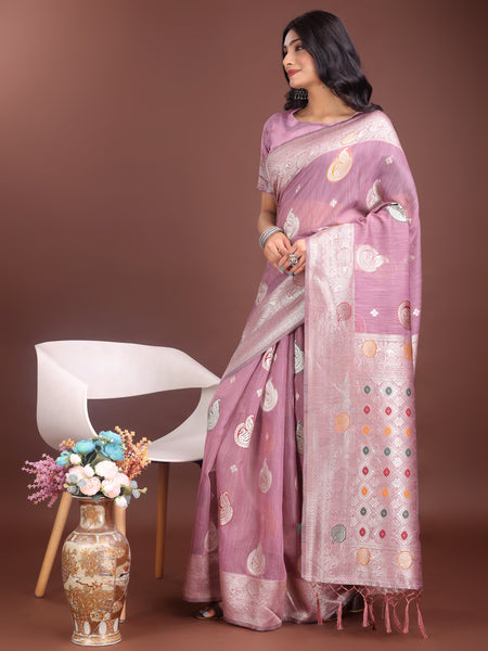 Anaita Purple Linen Cotton With Jacquard Work And Zari Weaving Saree With Blouse