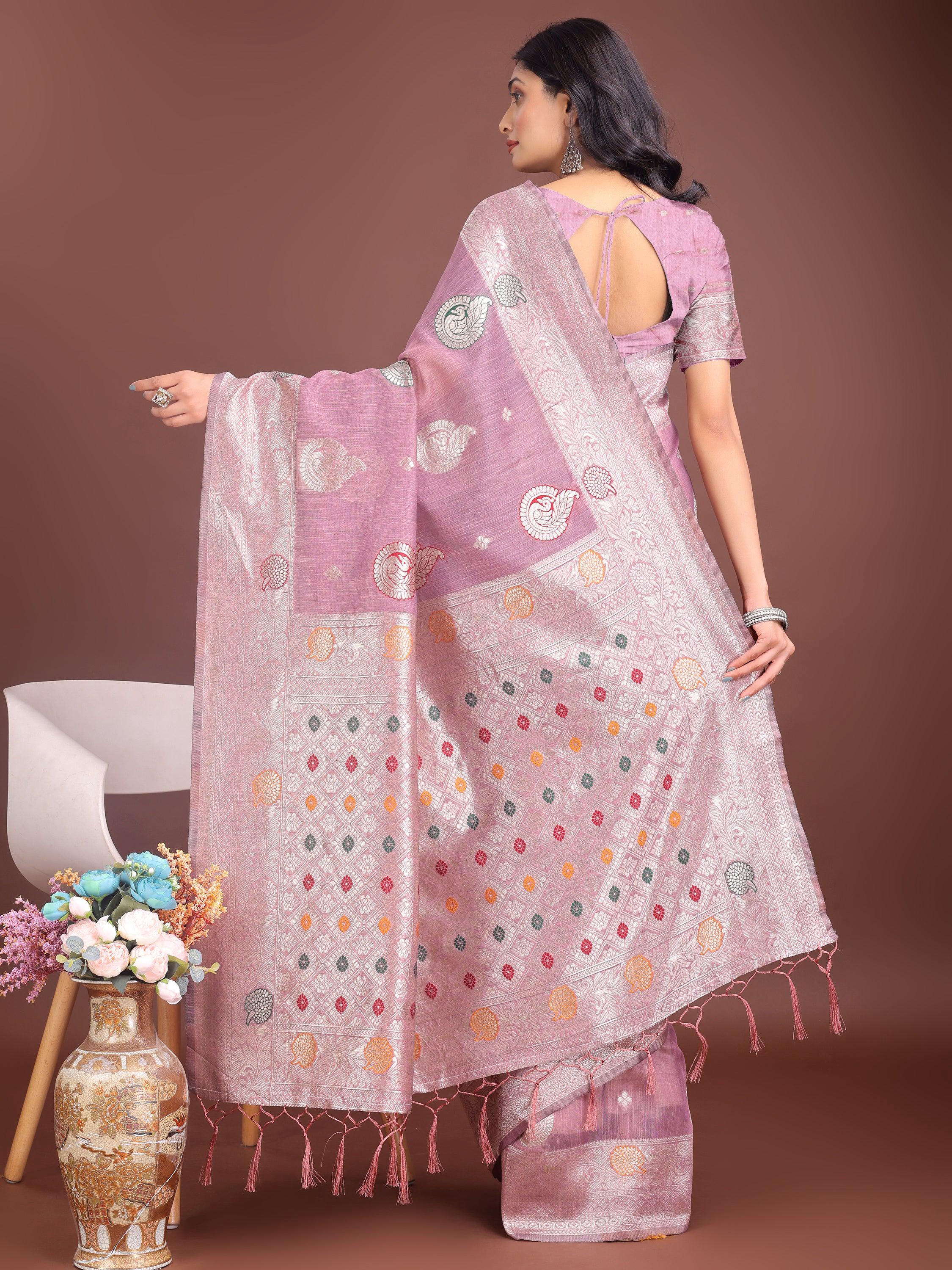 Anaita Purple Linen Cotton With Jacquard Work And Zari Weaving Saree With Blouse - Distacart