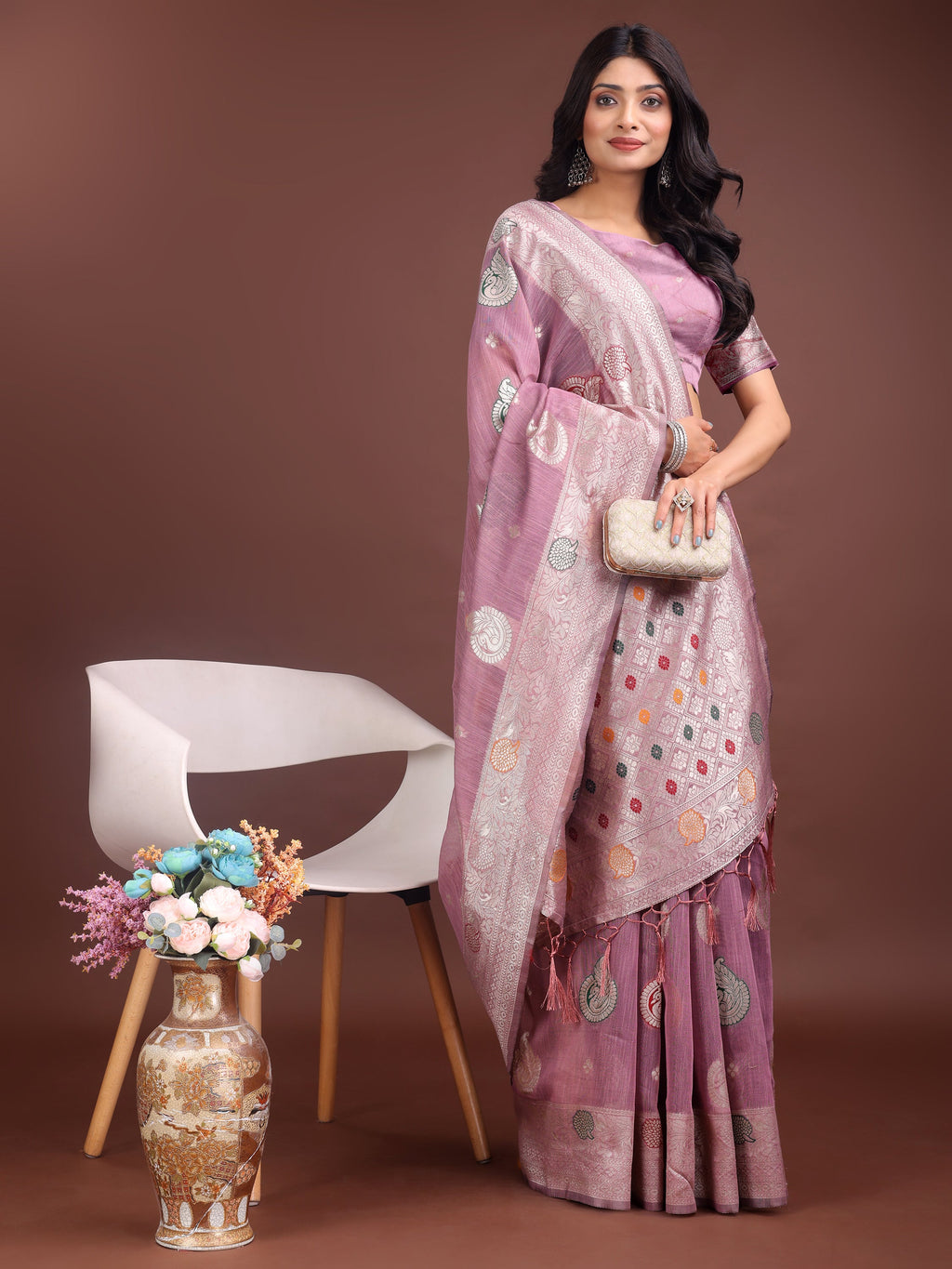 Anaita Purple Linen Cotton With Jacquard Work And Zari Weaving Saree With Blouse - Distacart