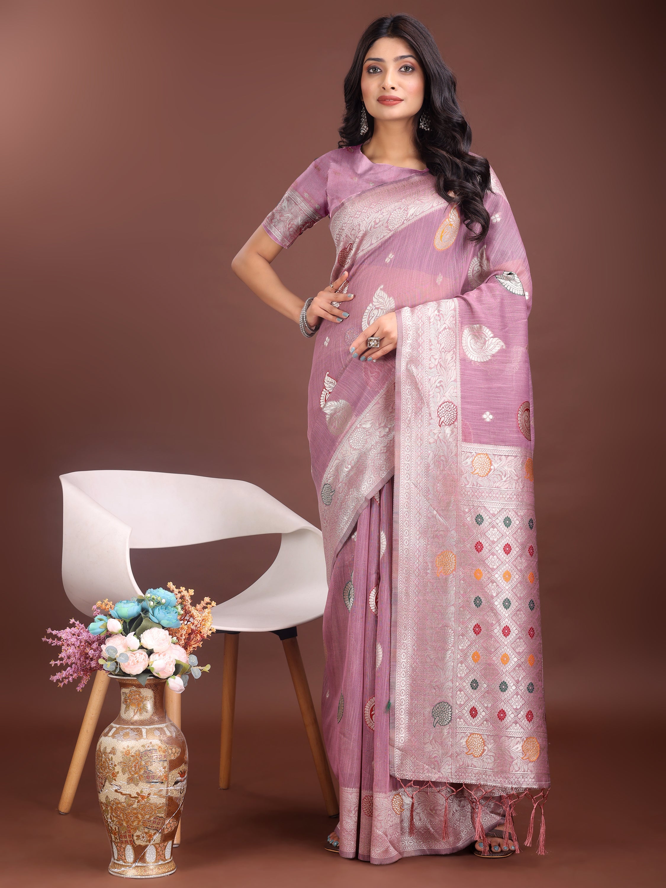 Anaita Purple Linen Cotton With Jacquard Work And Zari Weaving Saree With Blouse - Distacart