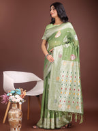 Anaita Light Green Linen Cotton With Jacquard Work And Zari Weaving Saree With Blouse - Distacart
