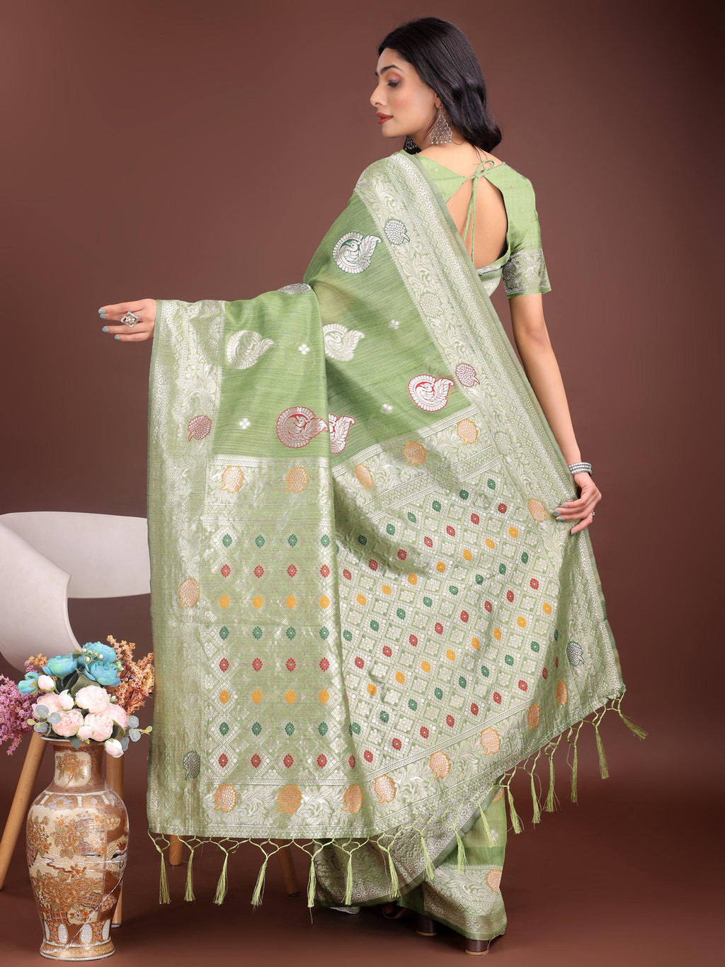 Anaita Light Green Linen Cotton With Jacquard Work And Zari Weaving Saree With Blouse - Distacart