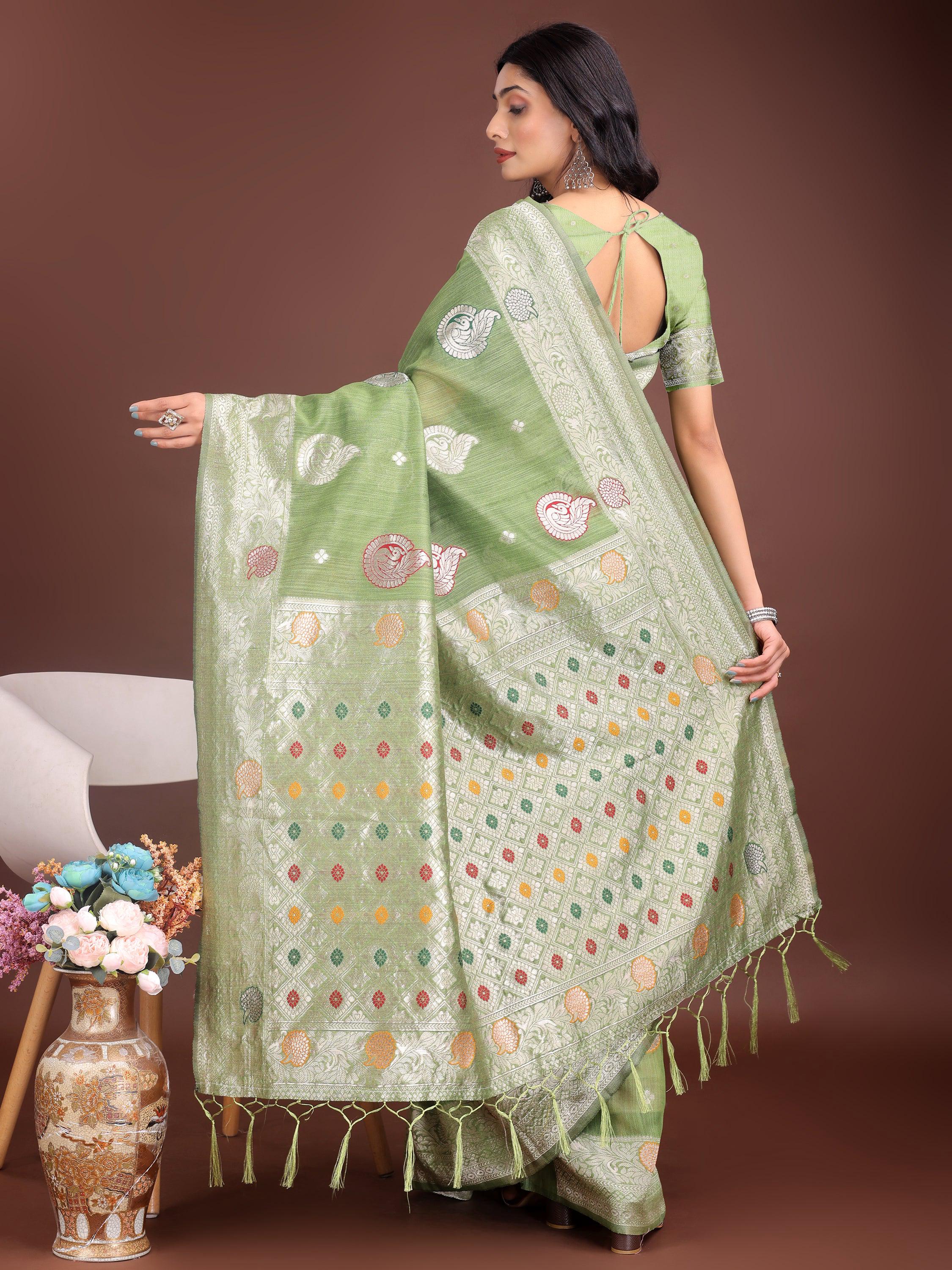 Anaita Light Green Linen Cotton With Jacquard Work And Zari Weaving Saree With Blouse - Distacart