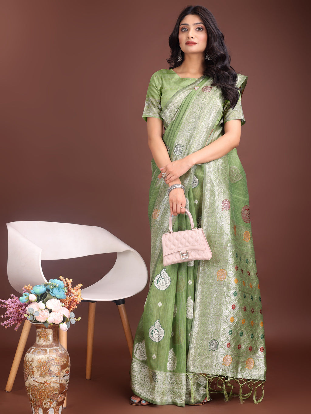 Anaita Light Green Linen Cotton With Jacquard Work And Zari Weaving Saree With Blouse - Distacart