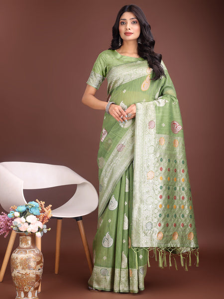 Anaita Light Green Linen Cotton With Jacquard Work And Zari Weaving Saree With Blouse