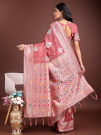 Anaita Pink Linen Cotton With Jacquard Work And Zari Weaving Saree With Blouse - Distacart