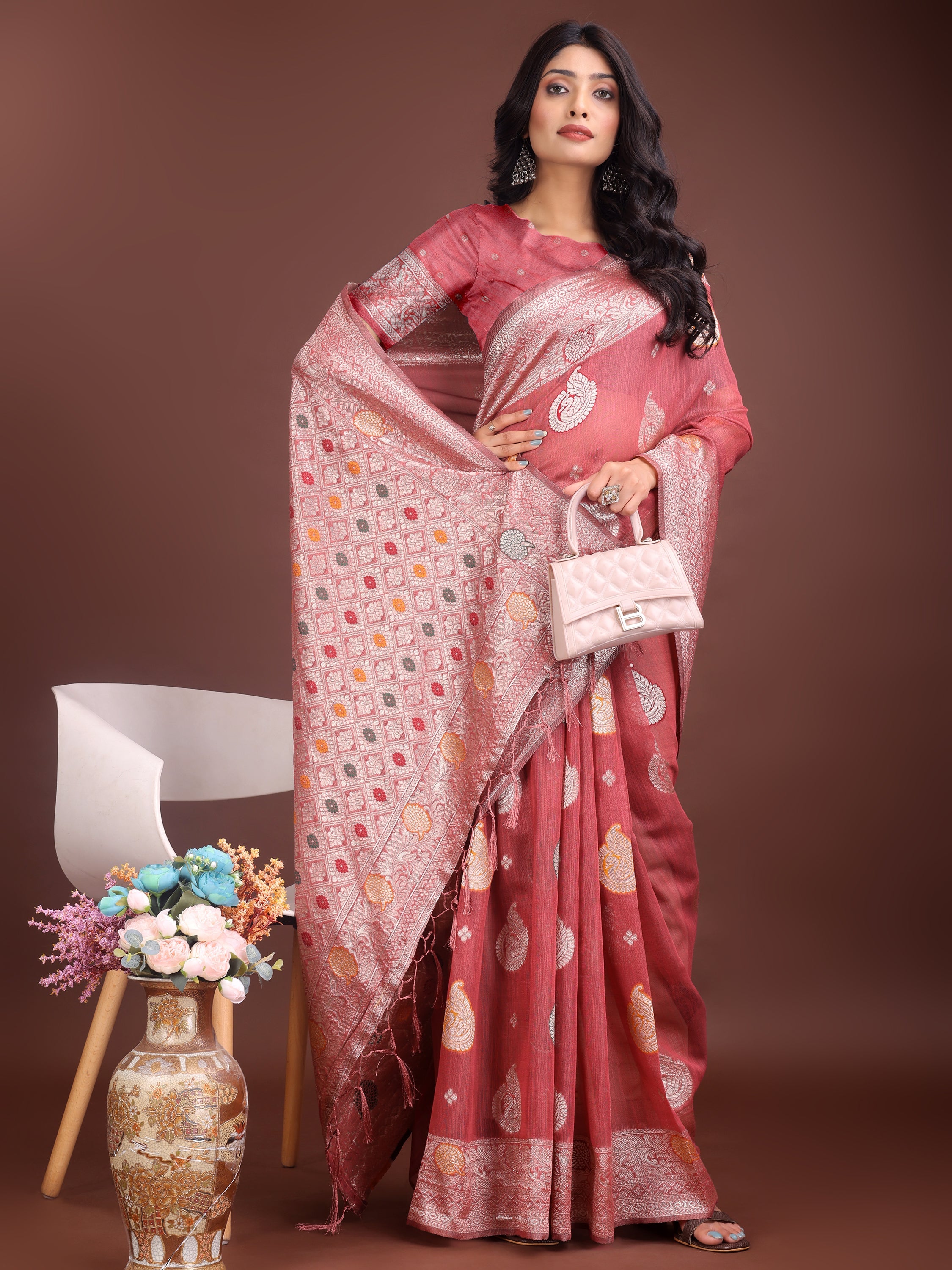 Anaita Pink Linen Cotton With Jacquard Work And Zari Weaving Saree With Blouse - Distacart