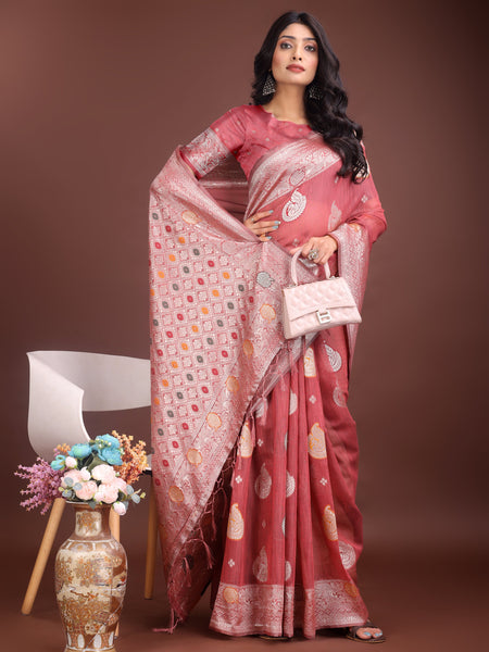 Anaita Pink Linen Cotton With Jacquard Work And Zari Weaving Saree With Blouse