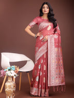 Anaita Pink Linen Cotton With Jacquard Work And Zari Weaving Saree With Blouse - Distacart