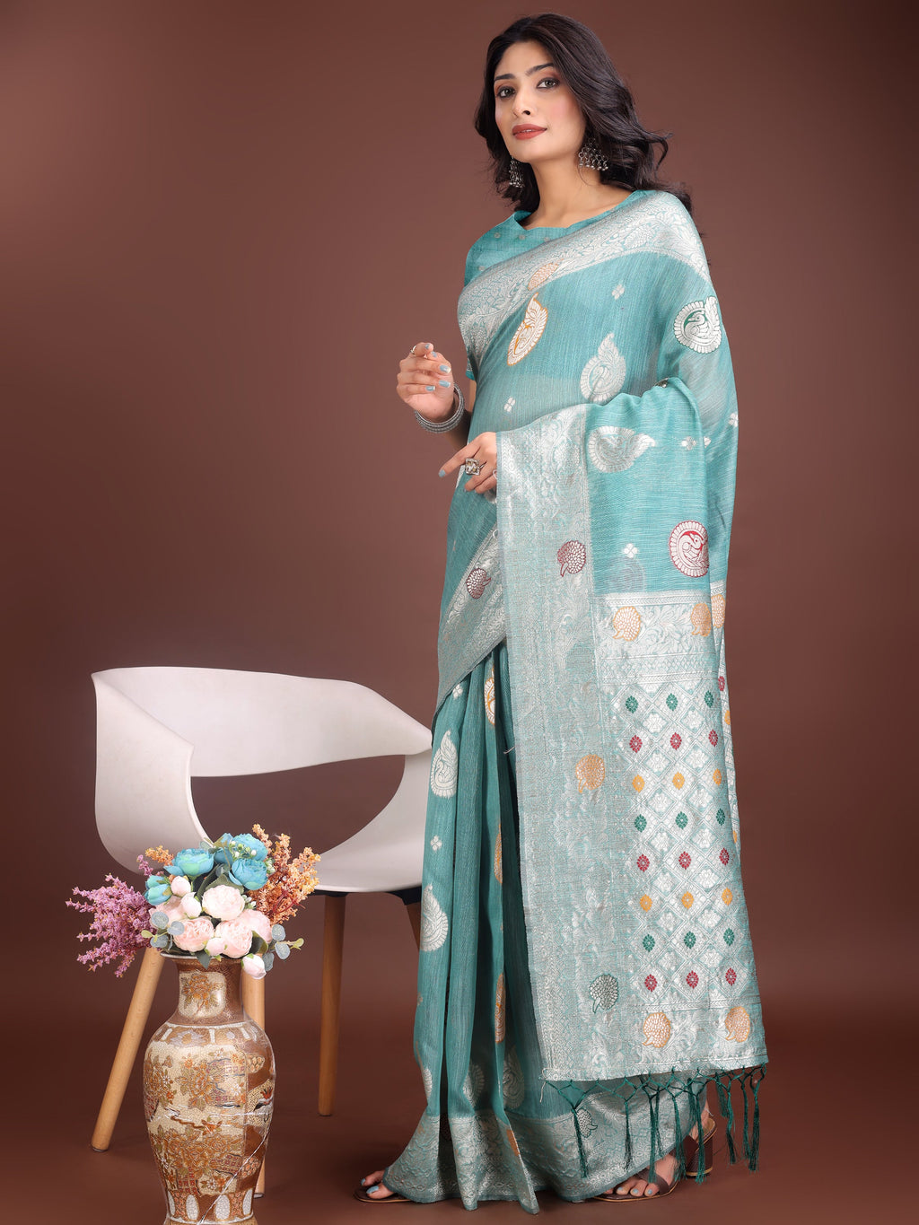 Anaita Sea Green Linen Cotton With Jacquard Work And Zari Weaving Saree With Blouse - Distacart