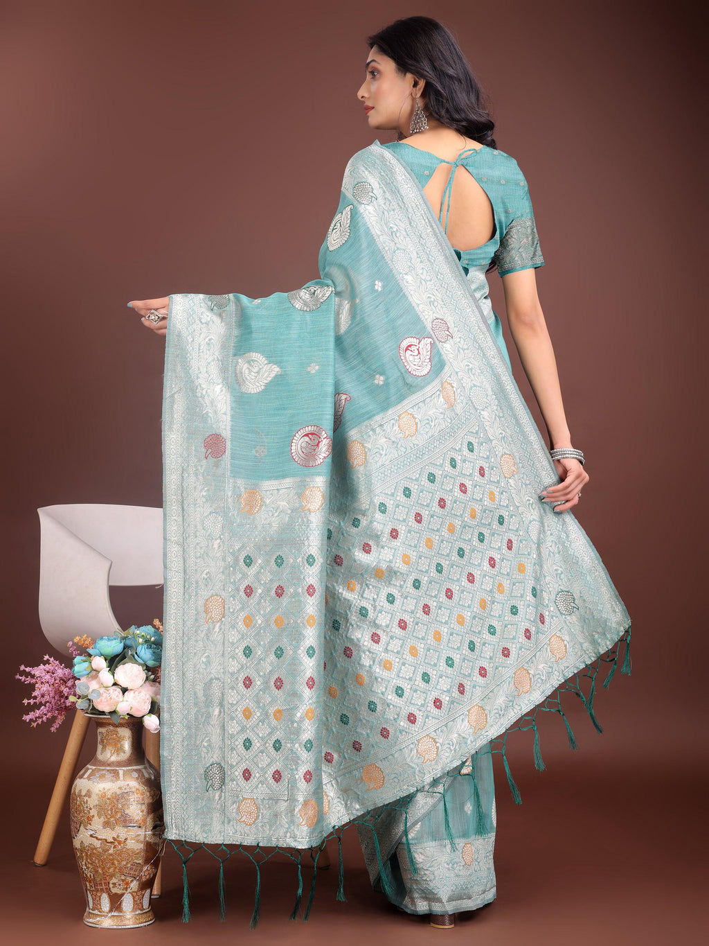 Anaita Sea Green Linen Cotton With Jacquard Work And Zari Weaving Saree With Blouse - Distacart