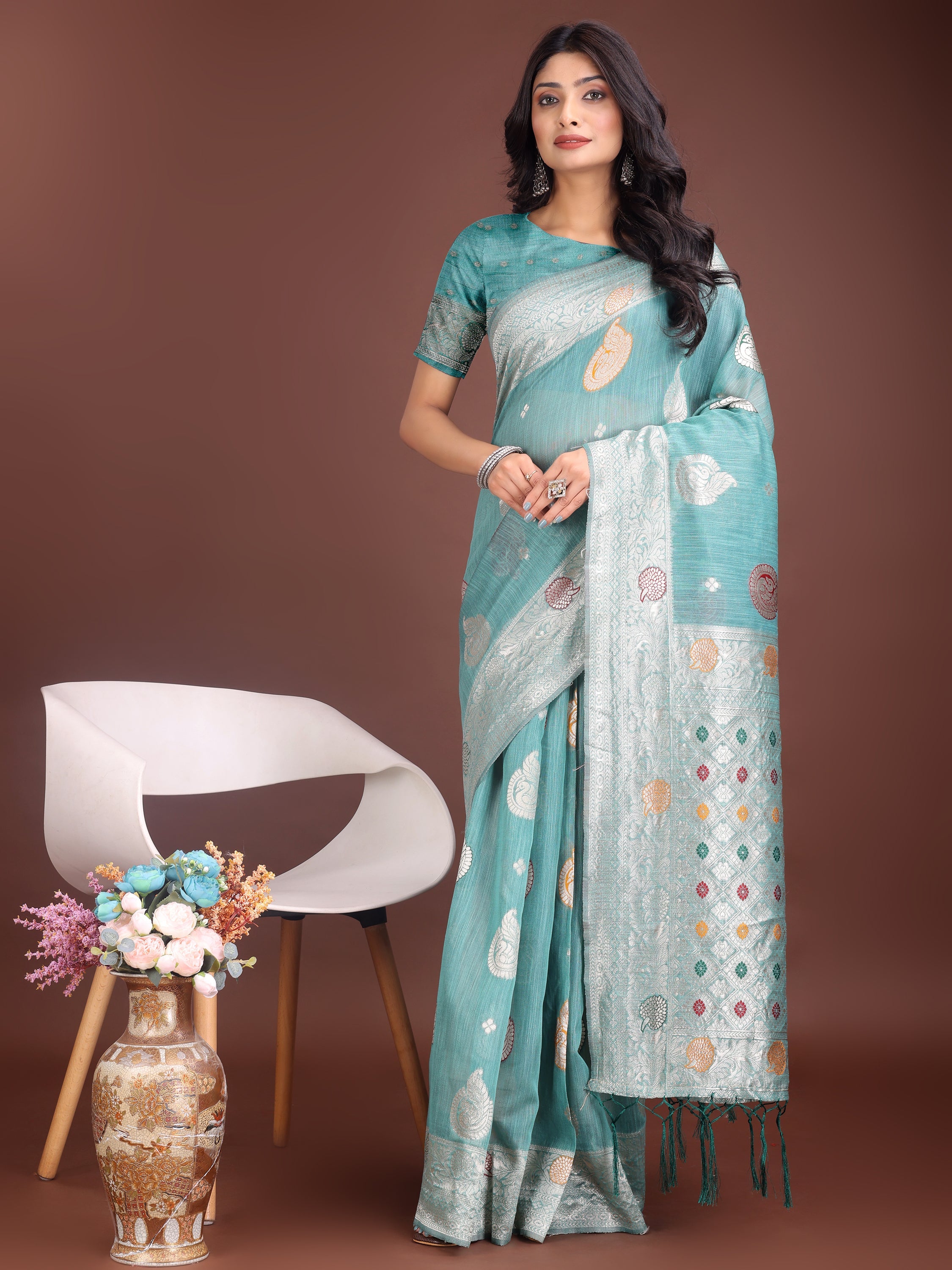 Anaita Sea Green Linen Cotton With Jacquard Work And Zari Weaving Saree With Blouse - Distacart