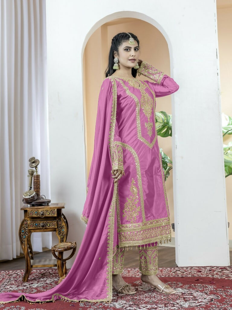 Teeya Creation Baby Pink Color Chinnon Silk Embroidery Work Fully Stitched Salwar Suit - Distacart