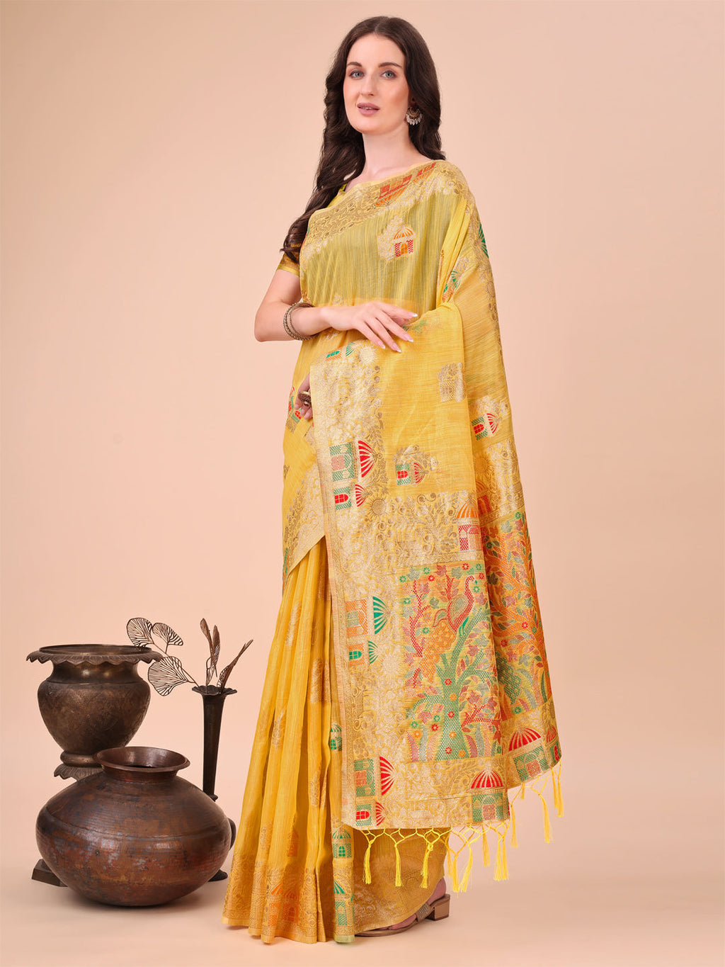 Anaita Yellow Linen Cotton With Jacquard Work And Zari Weaving Saree With Blouse - Distacart