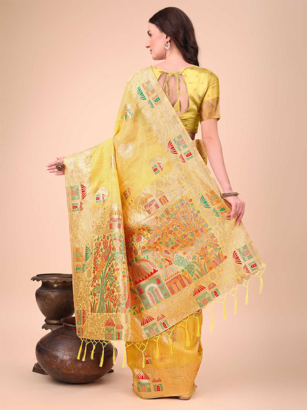 Anaita Yellow Linen Cotton With Jacquard Work And Zari Weaving Saree With Blouse - Distacart