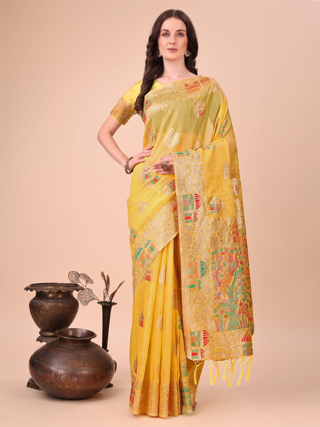 Anaita Yellow Linen Cotton With Jacquard Work And Zari Weaving Saree With Blouse - Distacart