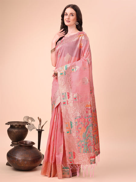 Anaita Pink Linen Cotton With Jacquard Work And Zari Weaving Saree With Blouse