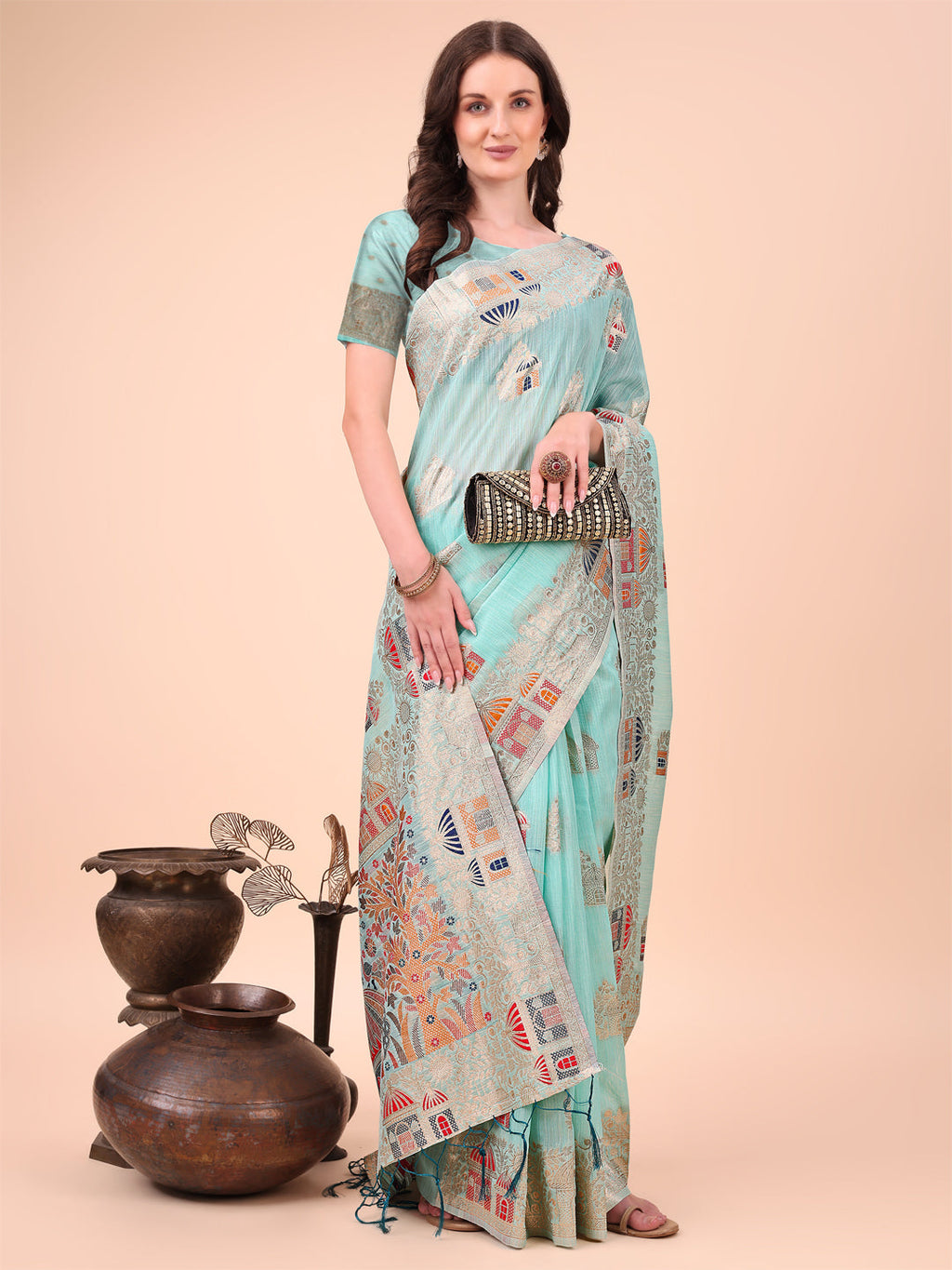 Anaita Sky Blue Linen Cotton With Jacquard Work And Zari Weaving Saree With Blouse - Distacart