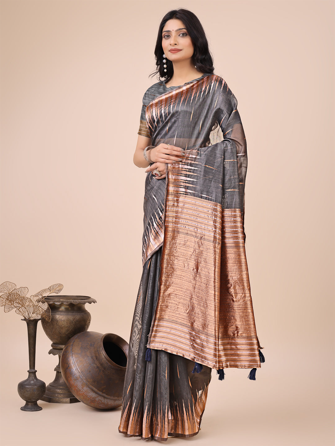 Anaita Grey Linen Cotton With Jacquard Work And Zari Weaving Saree With Blouse - Distacart