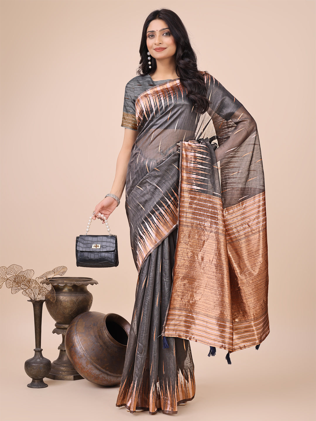 Anaita Grey Linen Cotton With Jacquard Work And Zari Weaving Saree With Blouse - Distacart