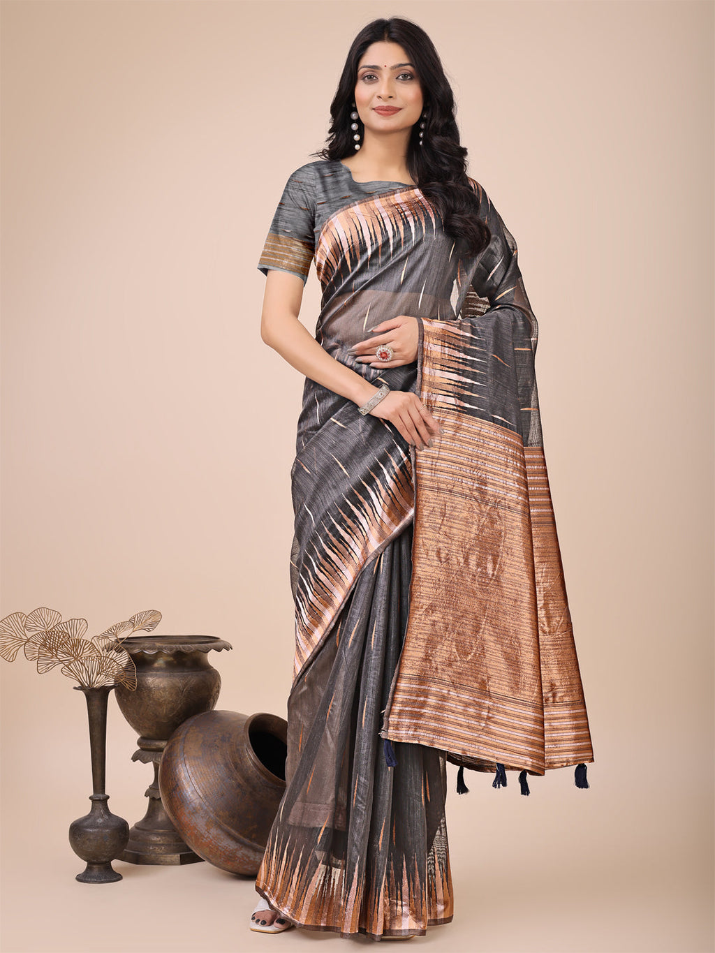 Anaita Grey Linen Cotton With Jacquard Work And Zari Weaving Saree With Blouse - Distacart