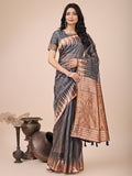 Anaita Grey Linen Cotton With Jacquard Work And Zari Weaving Saree With Blouse - Distacart