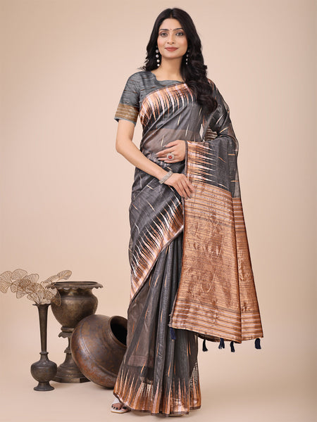 Anaita Grey Linen Cotton With Jacquard Work And Zari Weaving Saree With Blouse