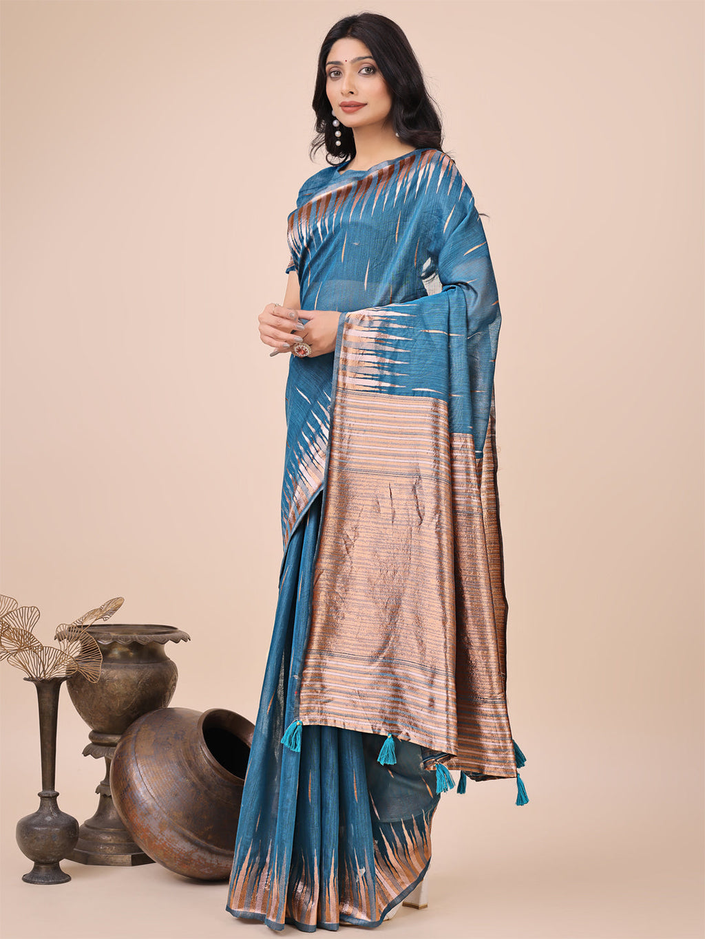Anaita Blue Linen Cotton With Jacquard Work And Zari Weaving Saree With Blouse - Distacart