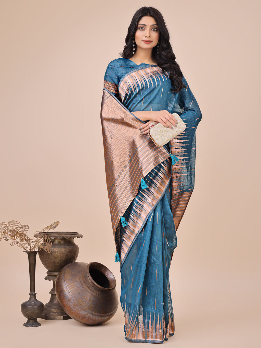 Anaita Blue Linen Cotton With Jacquard Work And Zari Weaving Saree With Blouse - Distacart