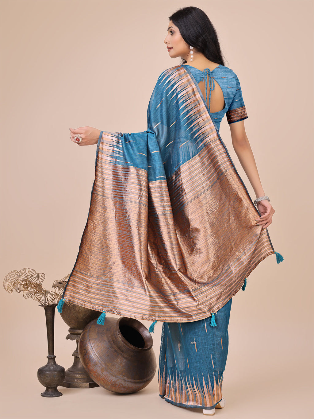 Anaita Blue Linen Cotton With Jacquard Work And Zari Weaving Saree With Blouse - Distacart