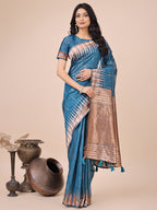Anaita Blue Linen Cotton With Jacquard Work And Zari Weaving Saree With Blouse - Distacart