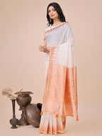 Anaita White Linen Cotton With Jacquard Work And Zari Weaving Saree With Blouse - Distacart
