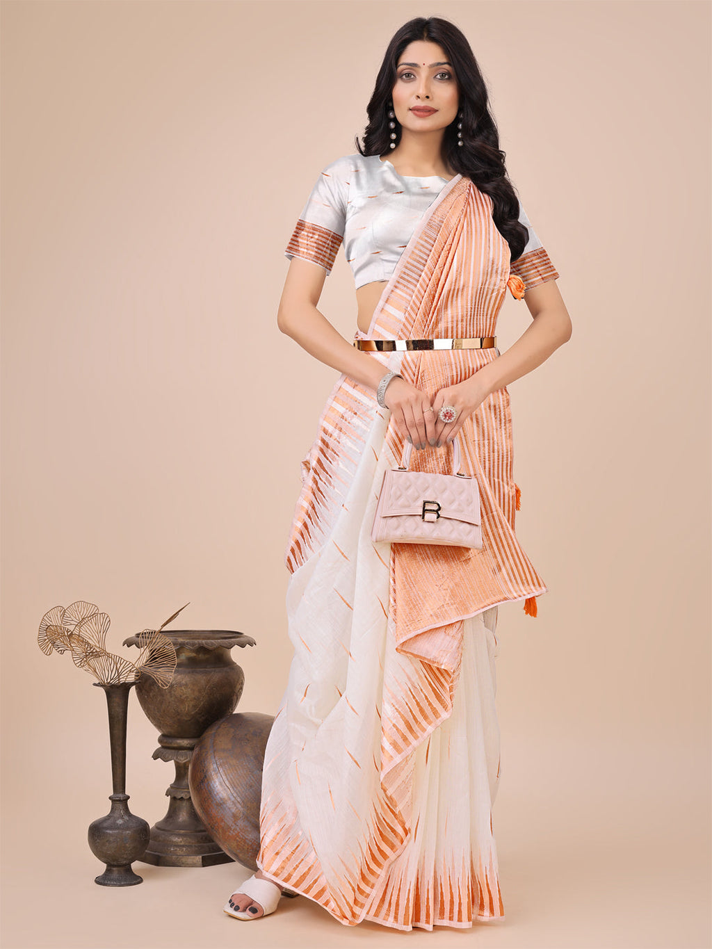 Anaita White Linen Cotton With Jacquard Work And Zari Weaving Saree With Blouse - Distacart